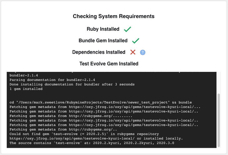 Could Not Find Gem &#39;test-evolve&#39; error context