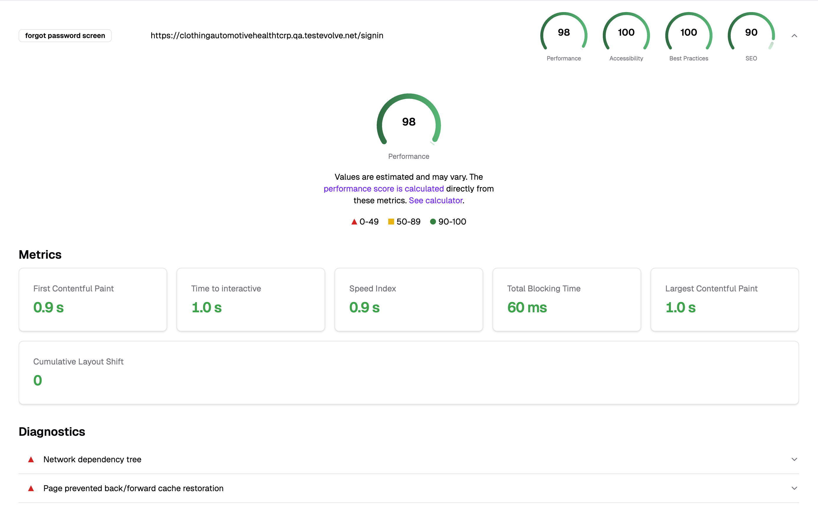 Lighthouse Report in Test Evolve