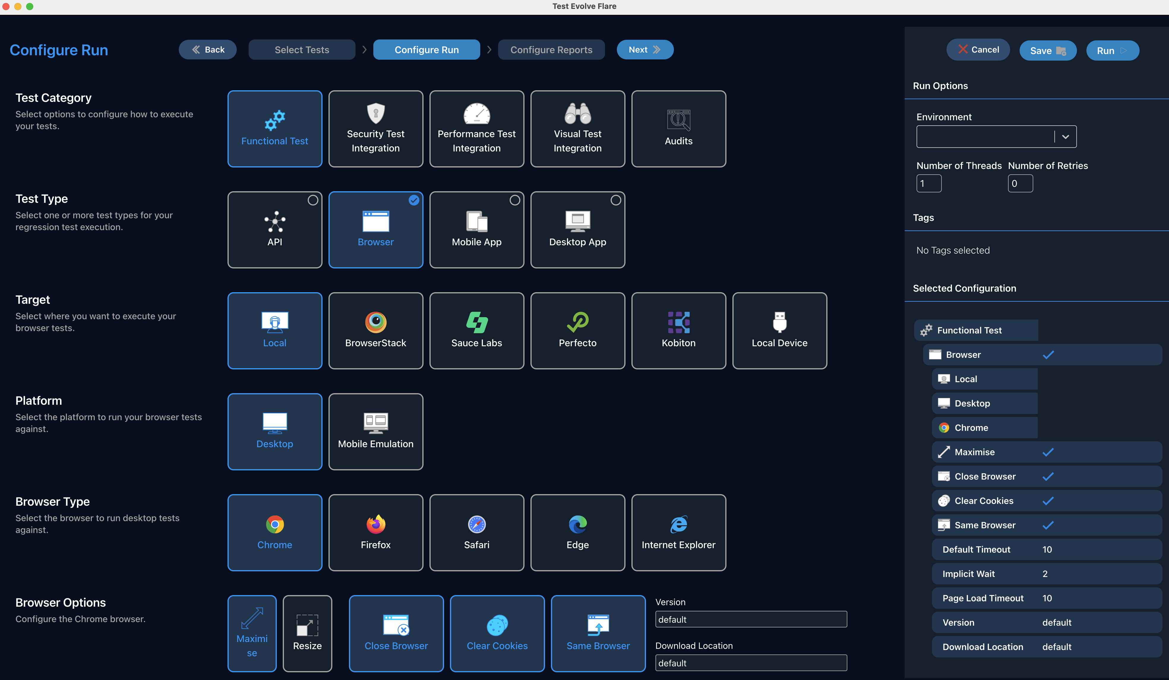 Choosing your test configuration in Flare