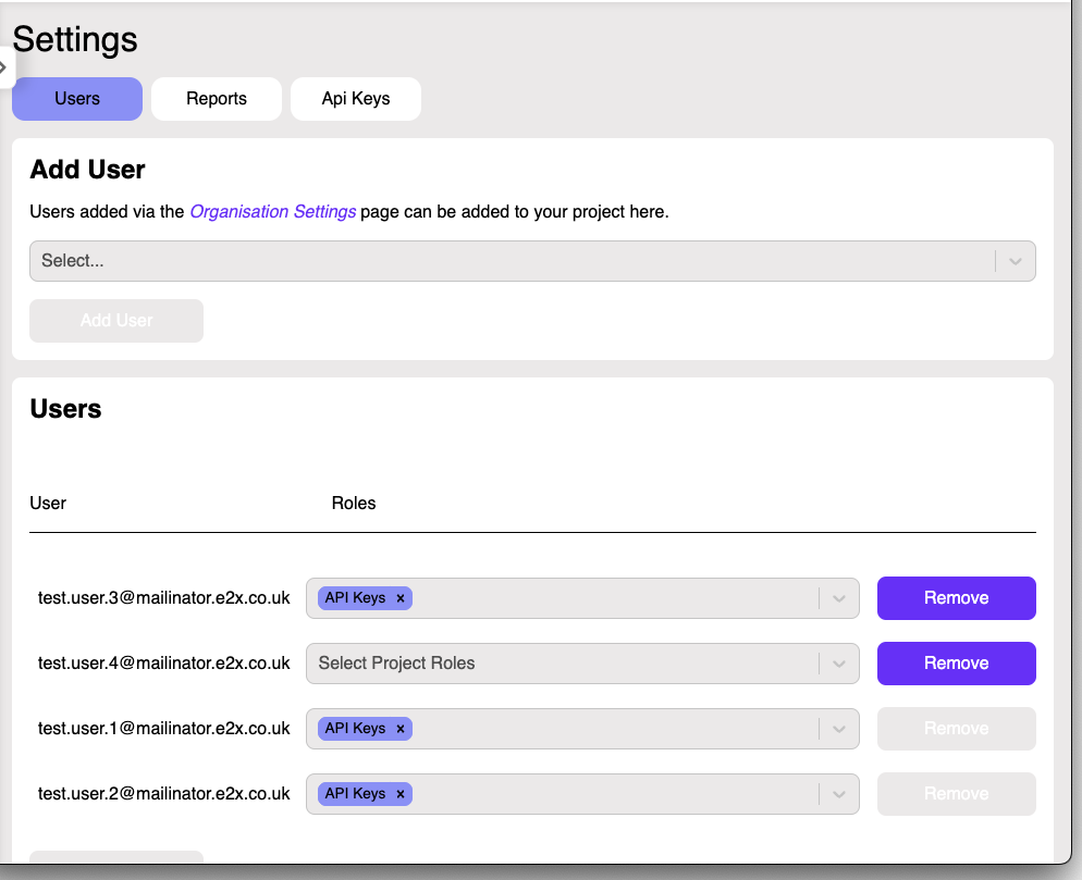 User roles settings screen