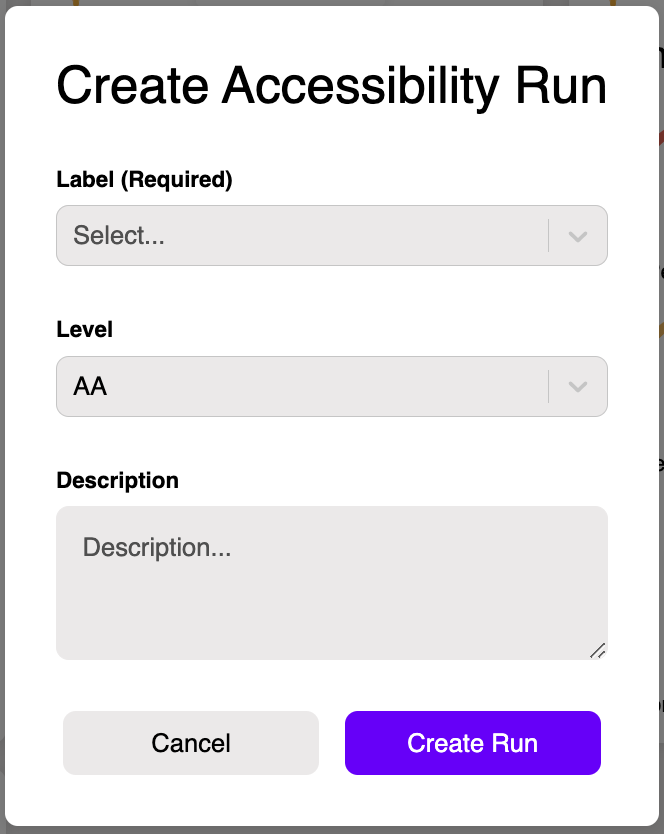 Accessibility Test Run creation modal