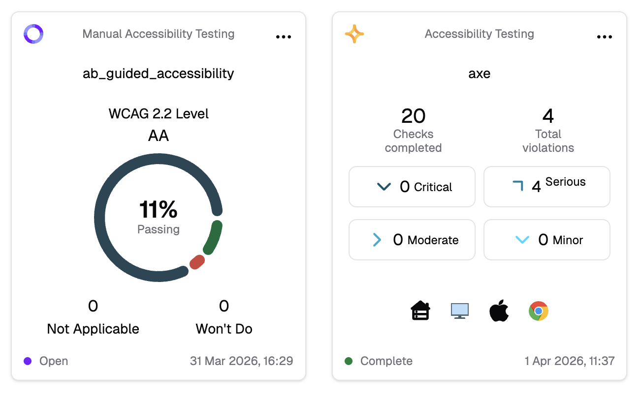 Automated and Manual Accessibility Test Run cards presented next to each other