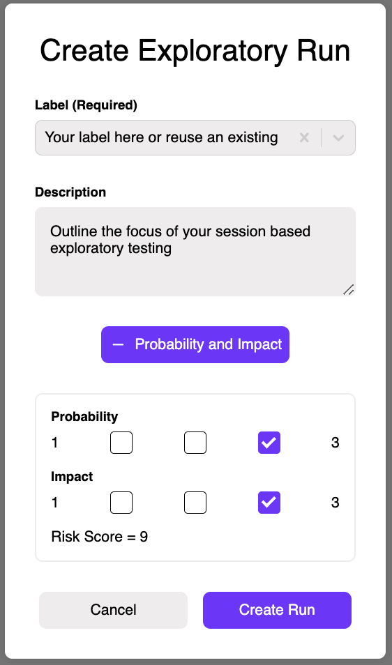 Exploratory Test Run creation modal