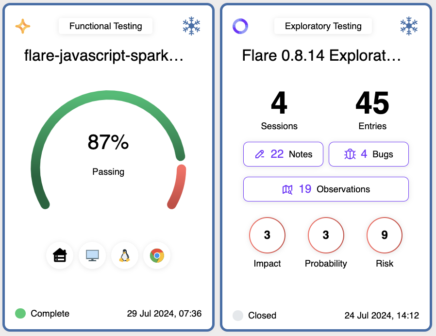 Automated and Exploratory Test Run cards presented next to each other